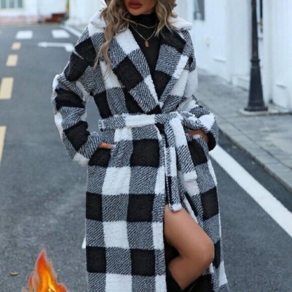 Black & White Preppy Womens Buffalo Plaid Print Lapel Neck Teddy Coat